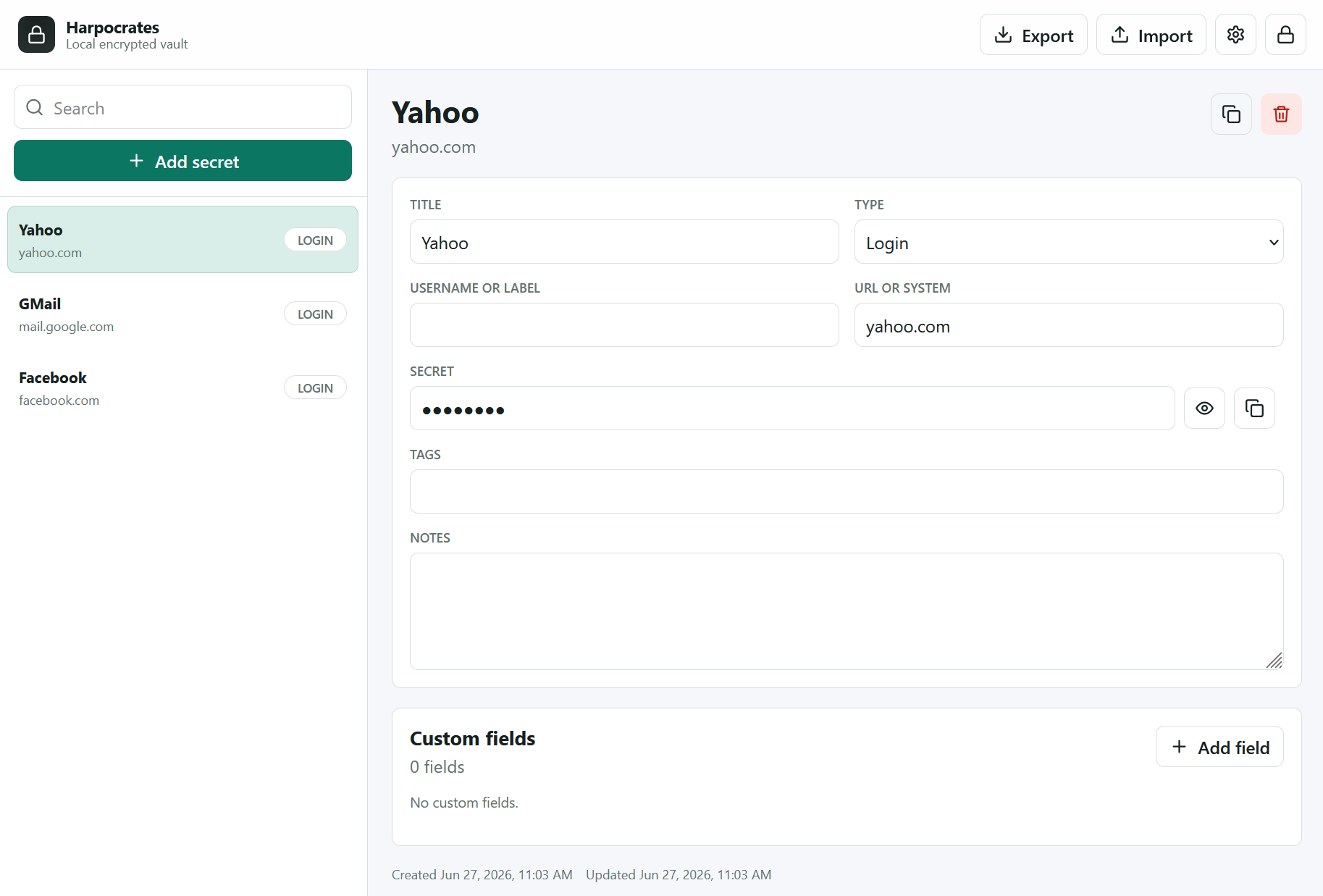 Harpocrates password vault screenshot