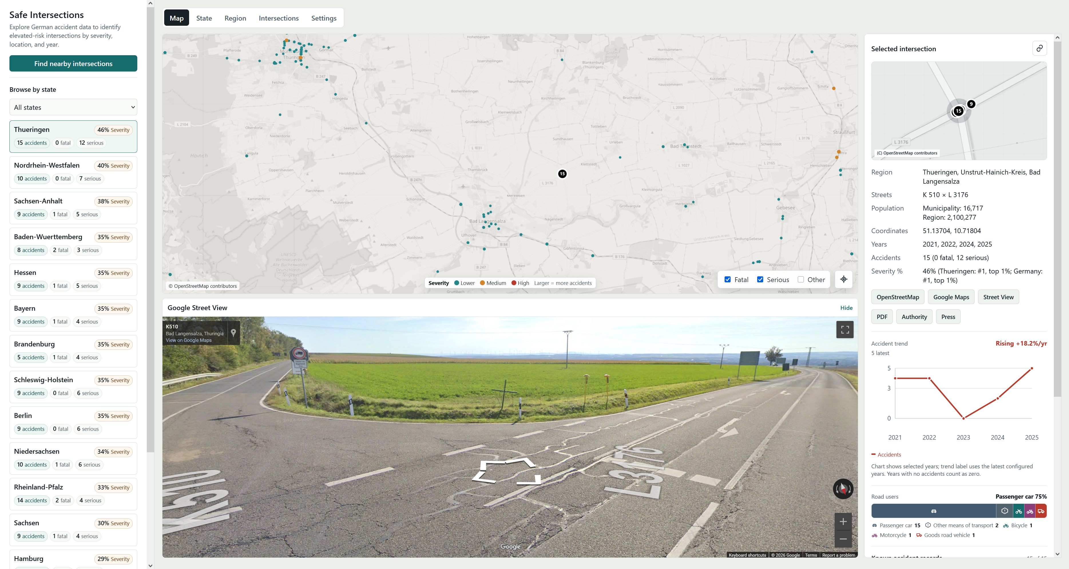 Safe Intersections accident map screenshot